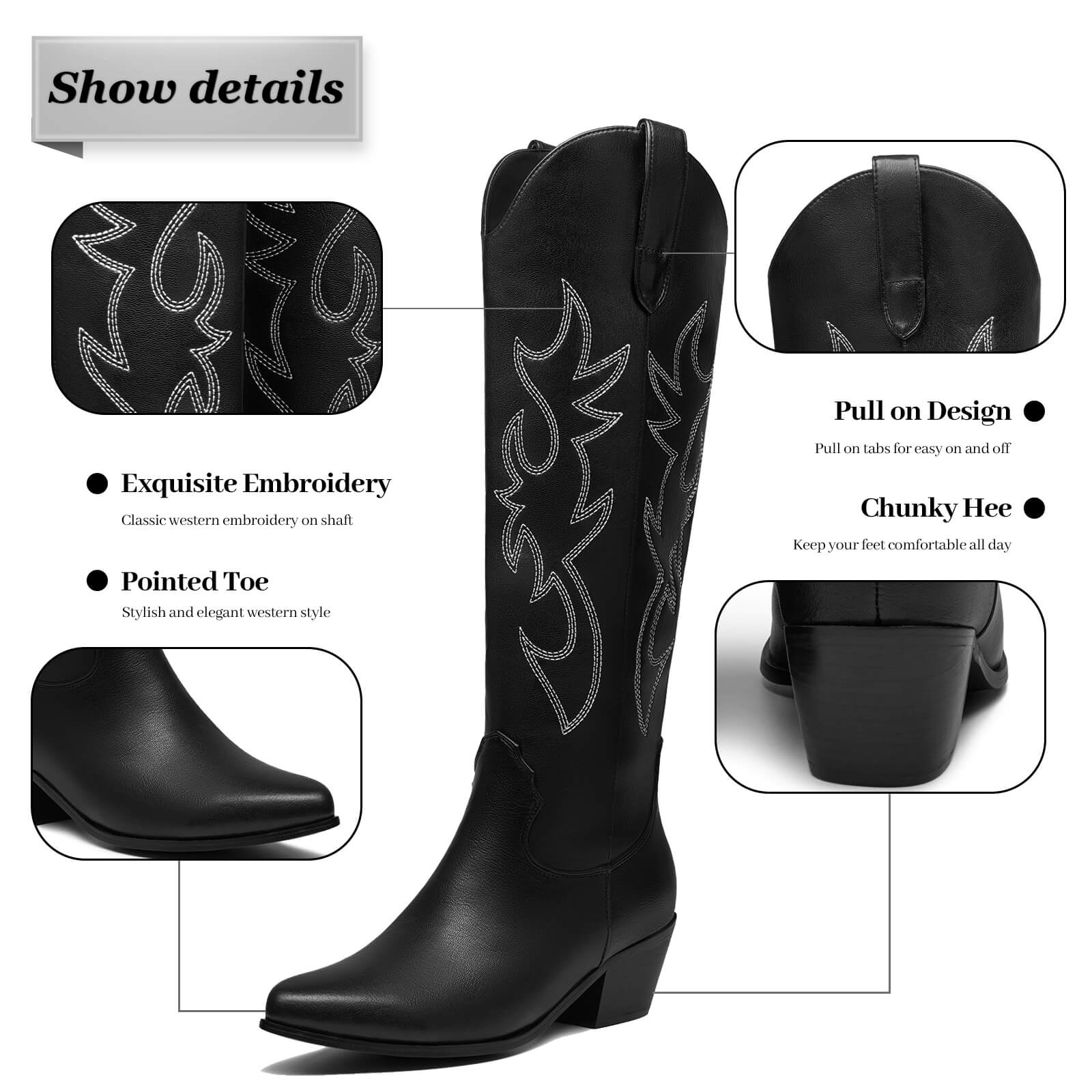 Western Embroidery Pointed Toes Knee High Cowboy Boots