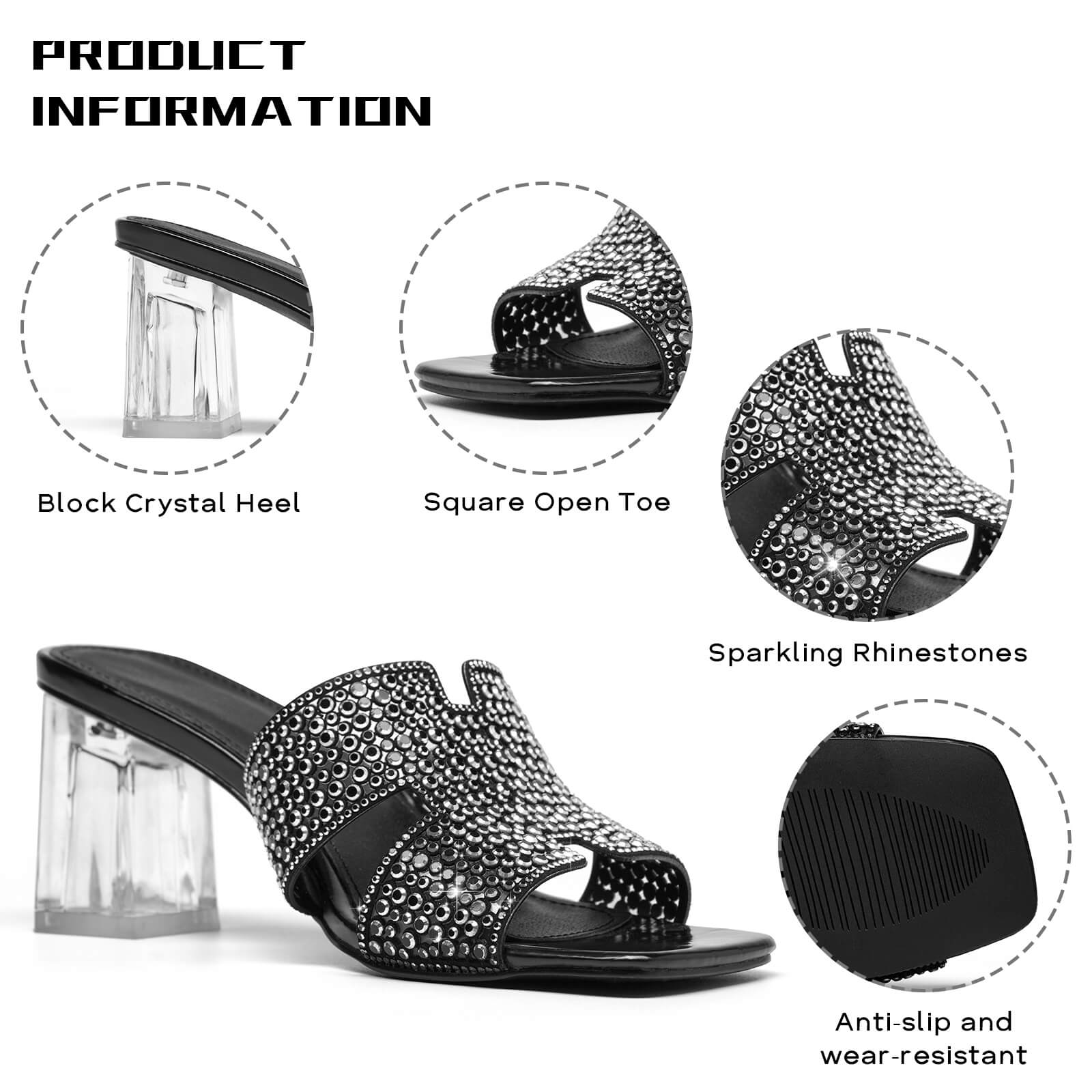 Rhinestones Block Heels Clear Low Heel Chunky Mules Sandals