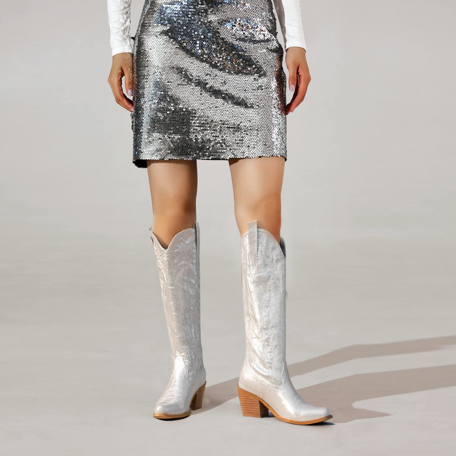 Metallic Embroidered Knee High Cowboy Boots