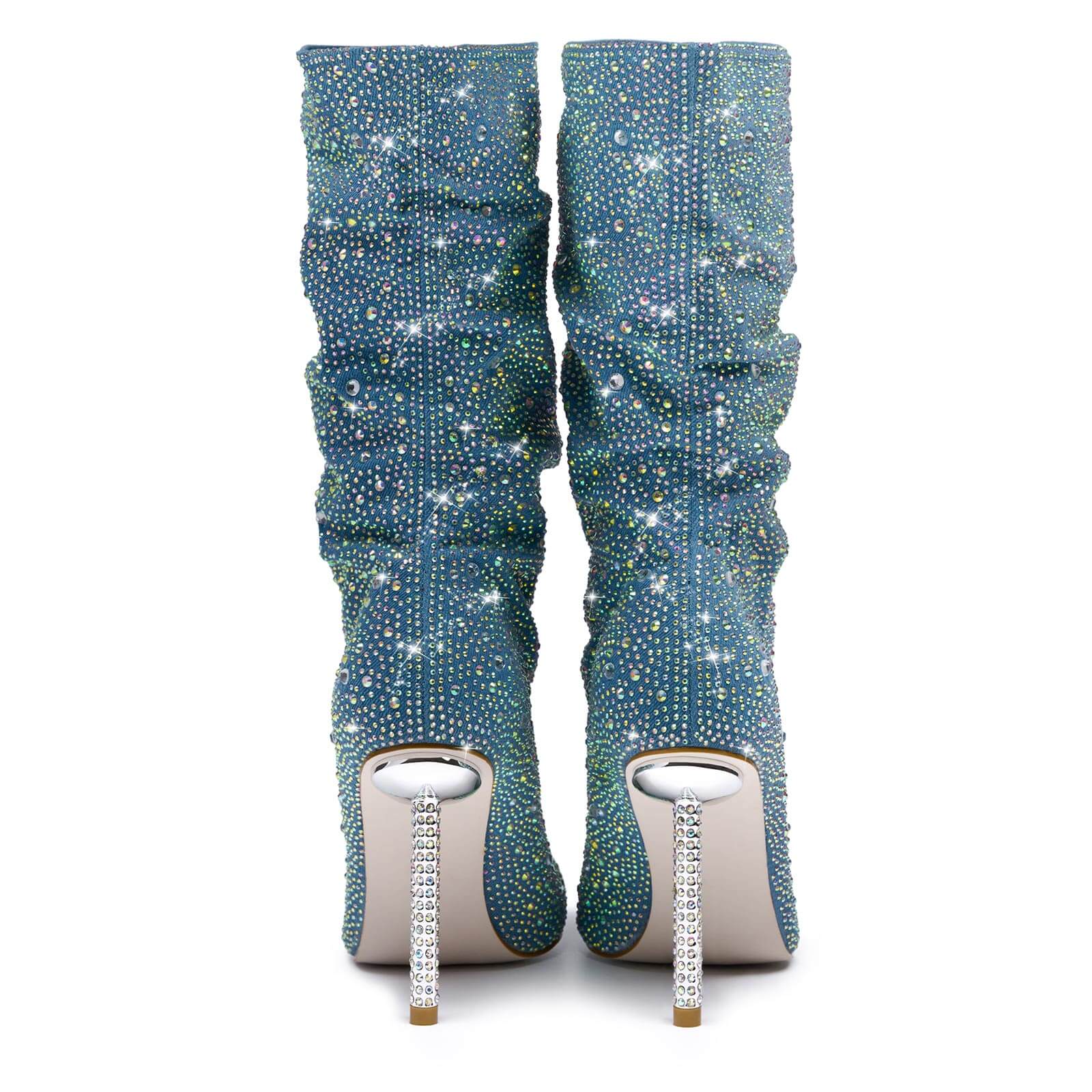 Women's Rhinestone Denim Mid Calf Slouchy Boots