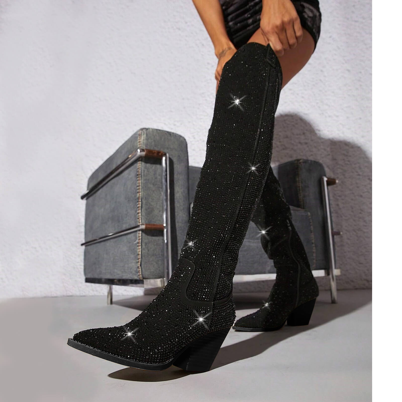 Women's Rhinestone Knee High Cowboy Boots