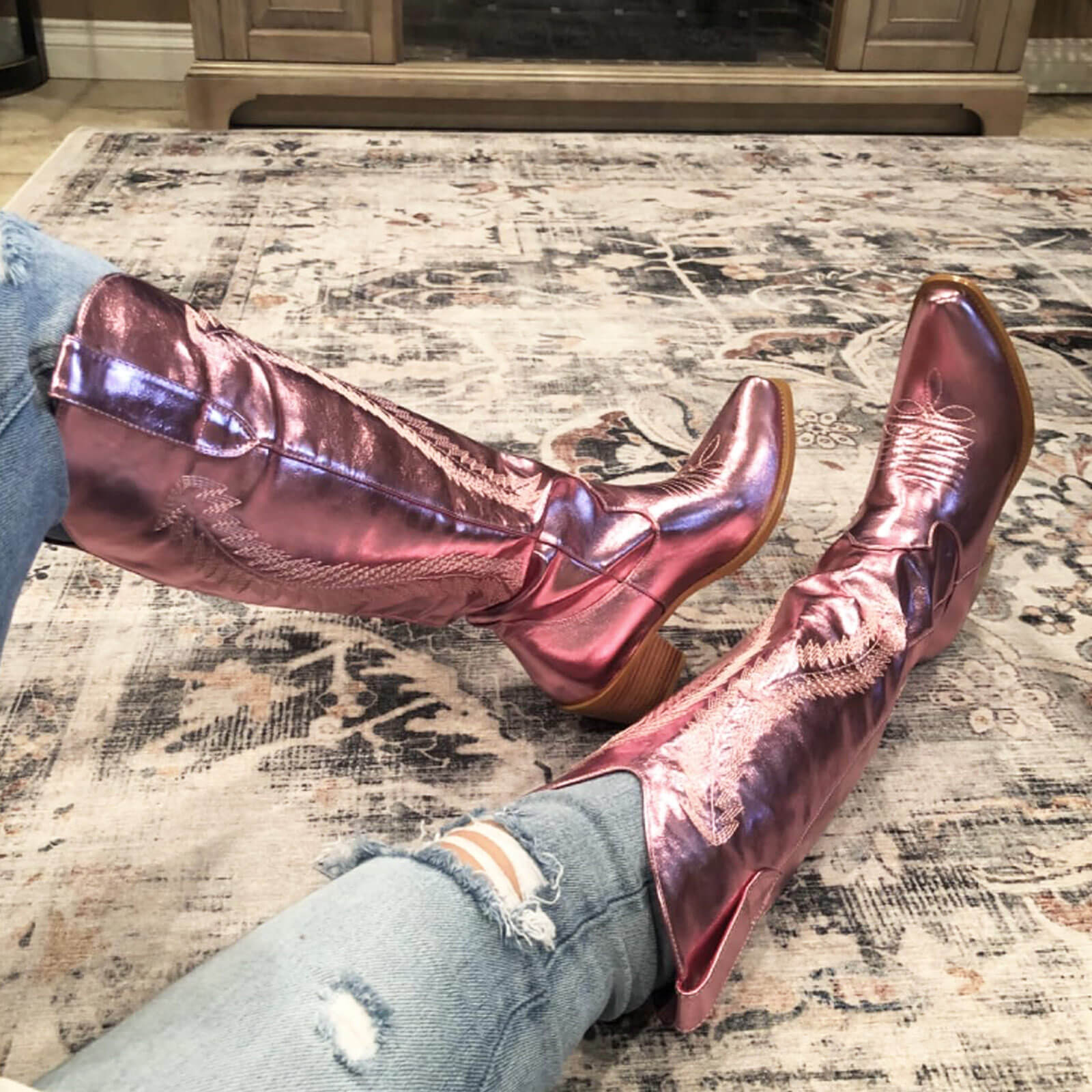 Feather Embroidered Metallic Knee High Cowboy Boots