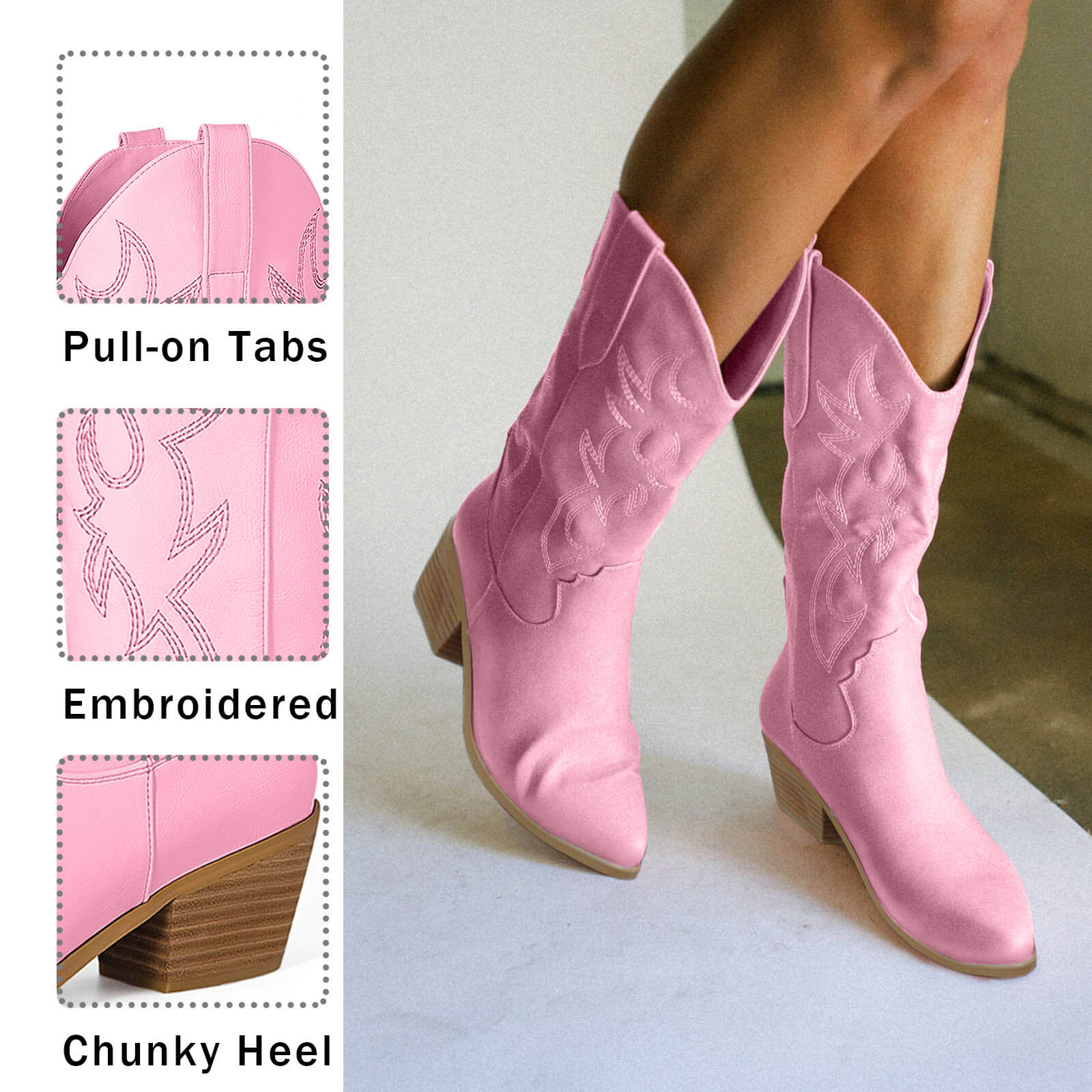 Western Embroidery Mid Calf Cowboy Boots