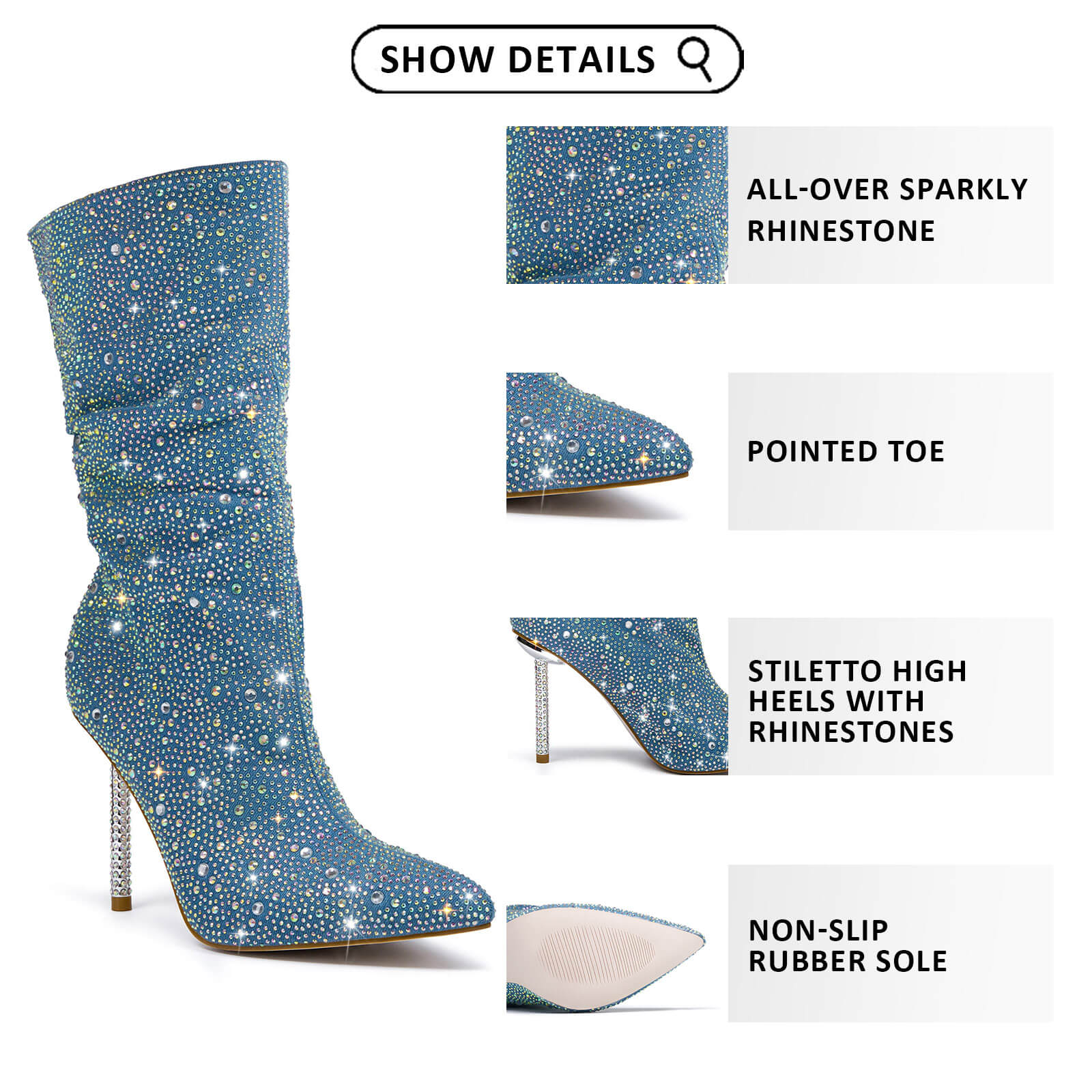 Women's Rhinestone Denim Mid Calf Slouchy Boots