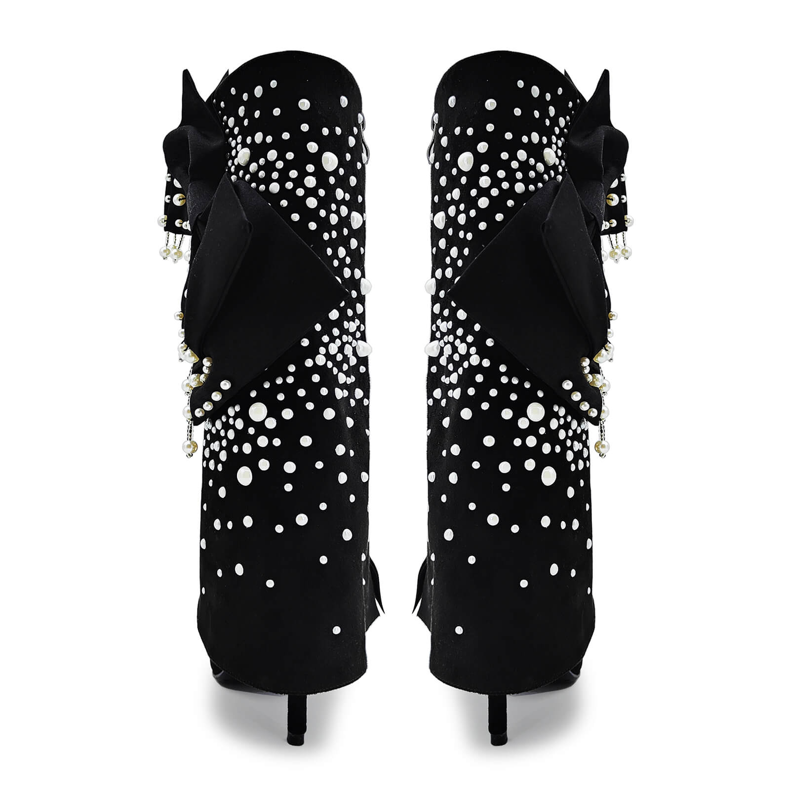 Women's Sparkly Pearls Stiletto Heels Boots Rhinestone suede Pointed Toe Zipper Mid Calf Folding Boots Sexy Party Wedding Boots