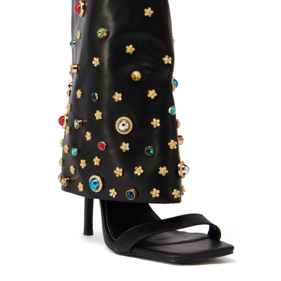 Square toe rhinestone rivets decorated side zip casual sexy mid-calf sandals