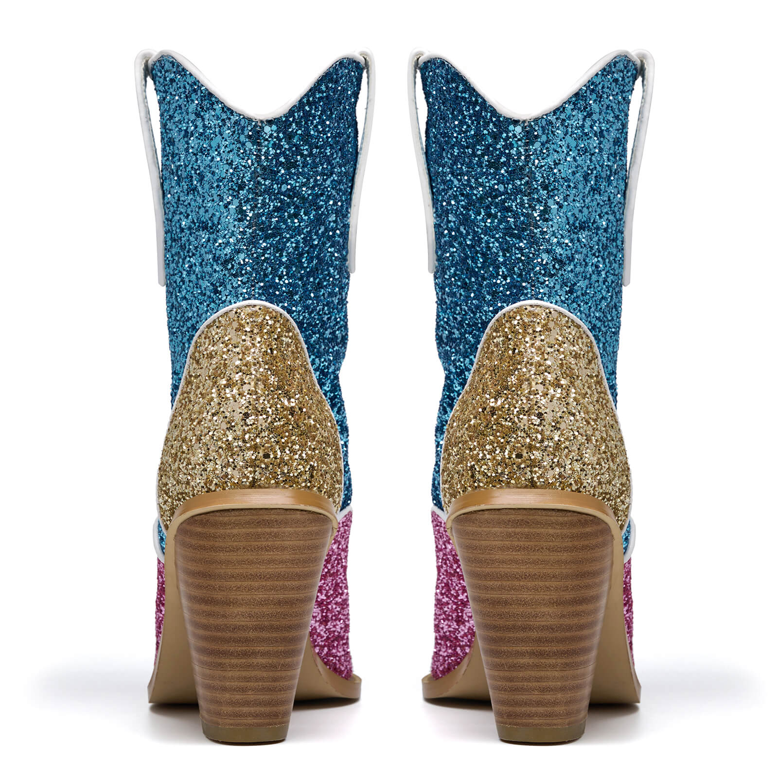 Colorful Glitter Sparkle Cowboy Boots for Women Pointy Toe Chunky High Heels Ankle Boots Fashion Wedding Dress Party Booties