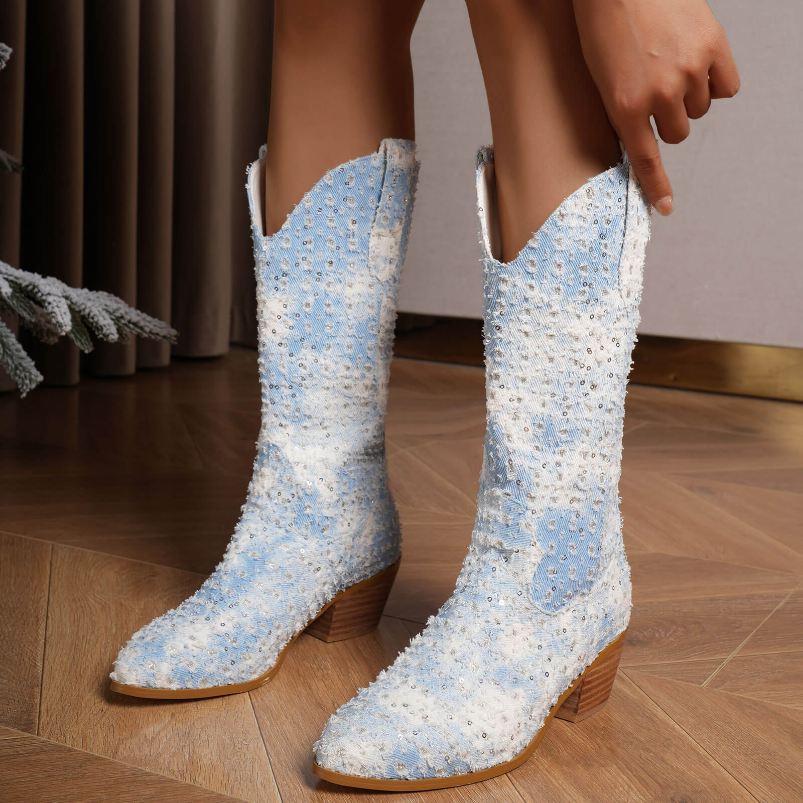 Western Shiny Sequin Denim Cowboy Mid Calf Boots