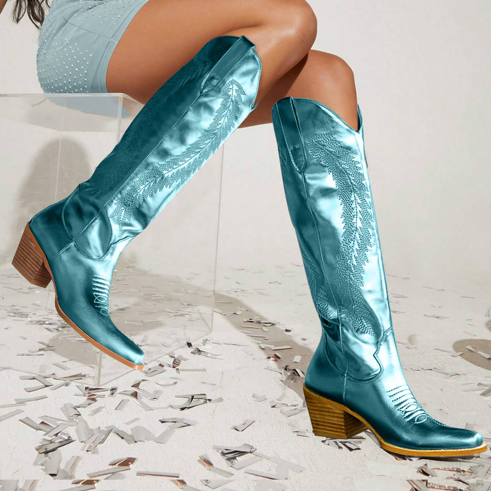 Feather Embroidered Metallic Knee High Cowboy Boots