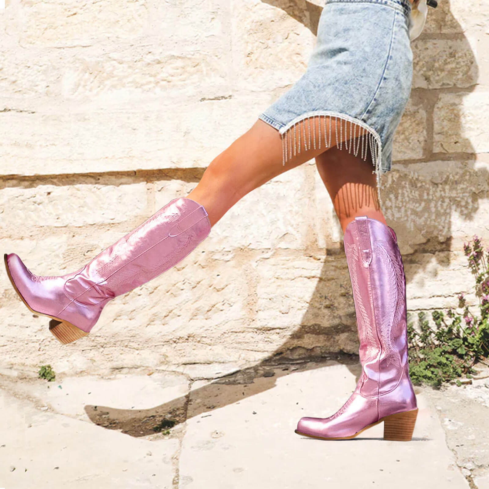 Feather Embroidered Metallic Knee High Cowboy Boots