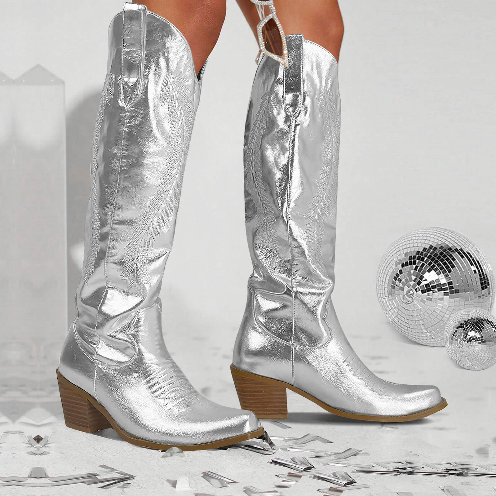 Feather Embroidered Metallic Knee High Cowboy Boots