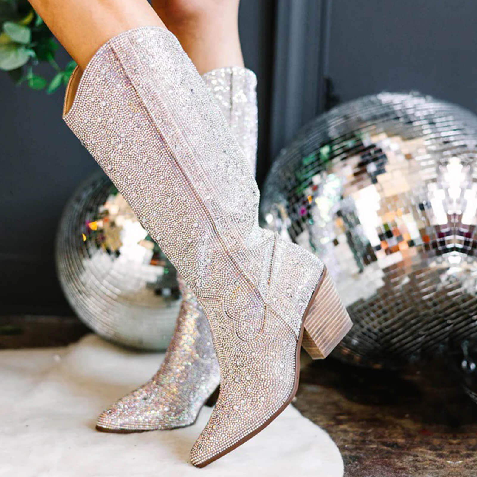 Glitter Rhinestone Knee High Cowboy Boots