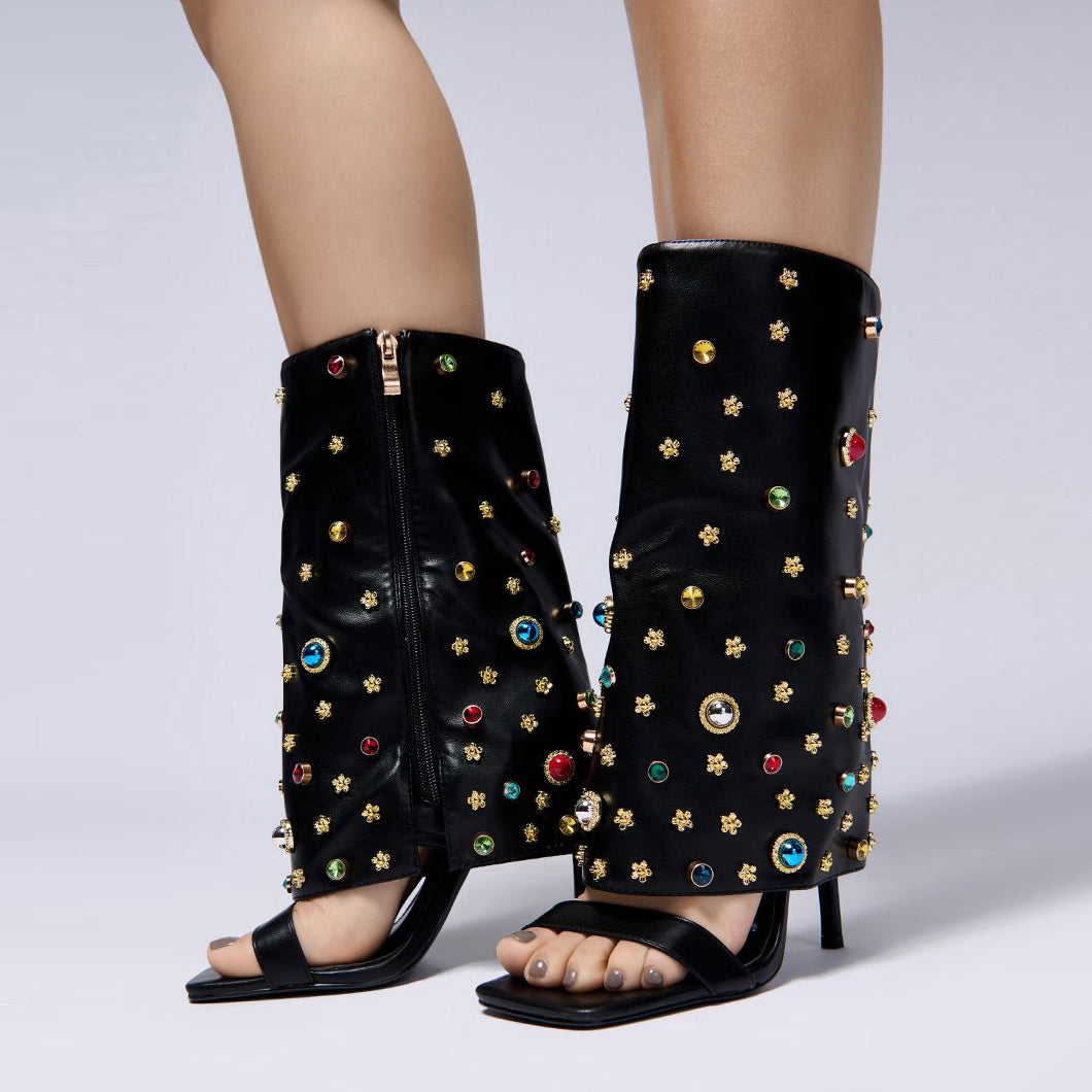 Square toe rhinestone rivets decorated side zip casual sexy mid-calf sandals