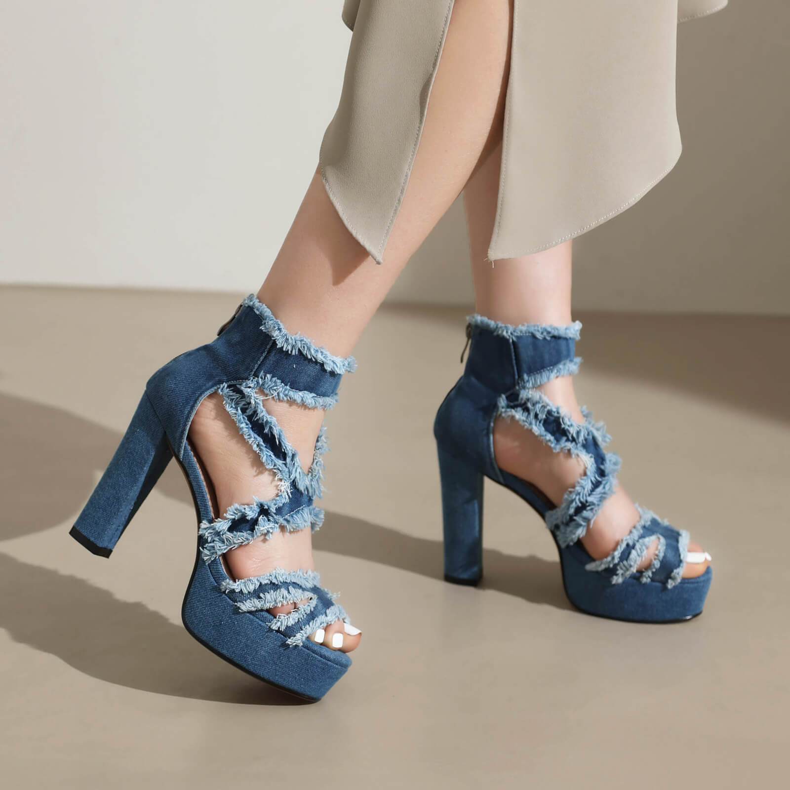 Women's Denim Chunky Heel Open Toe Sandals