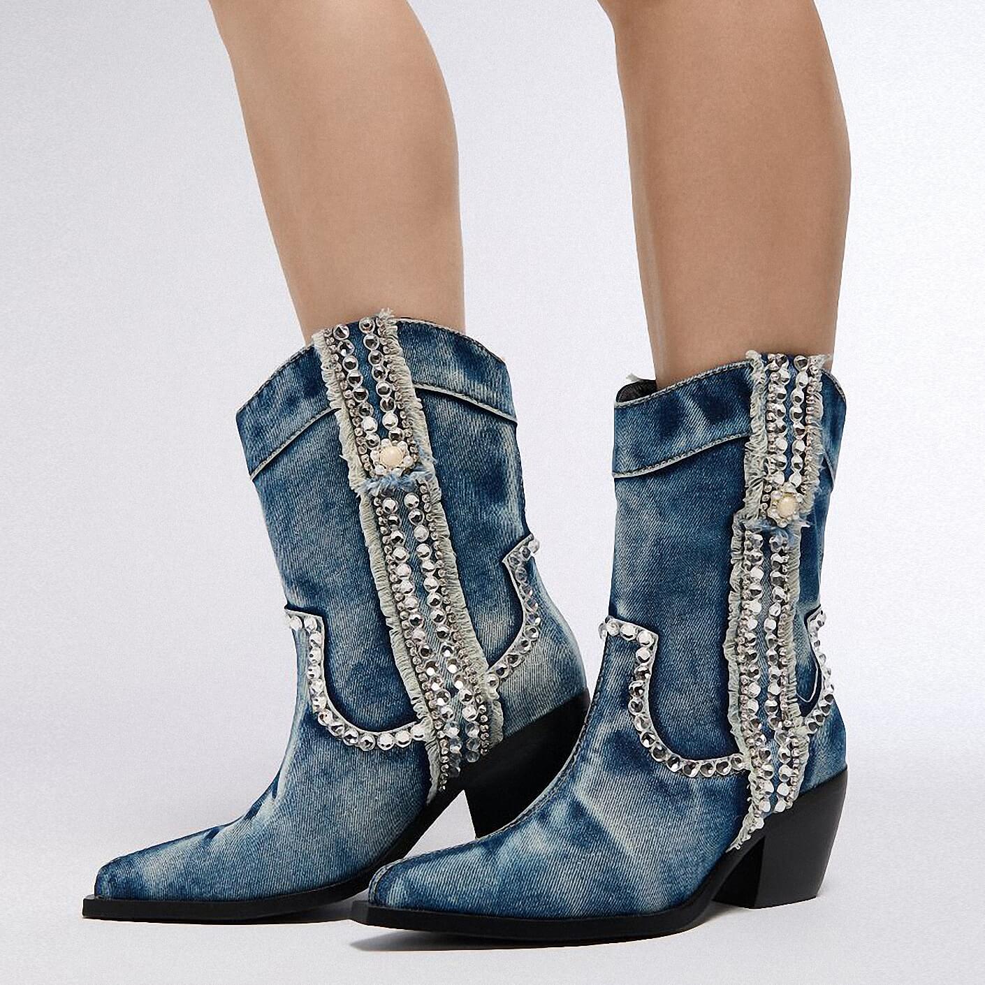 Women Denim Cowboy Mid Calf Boots