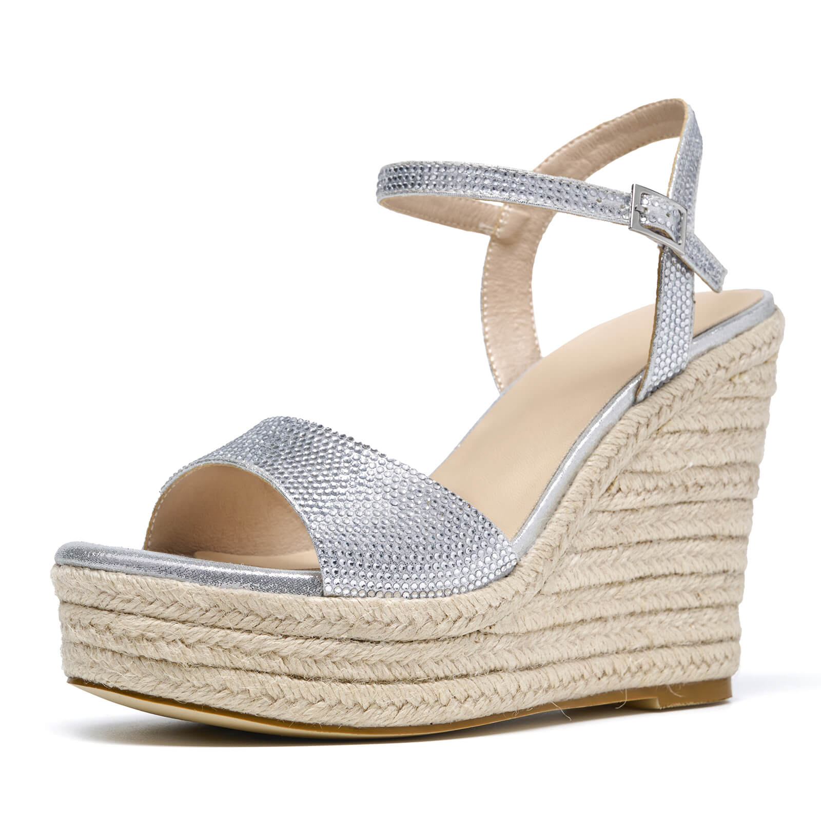 Women's Platform Straw Wedge Rhinestone Sandals