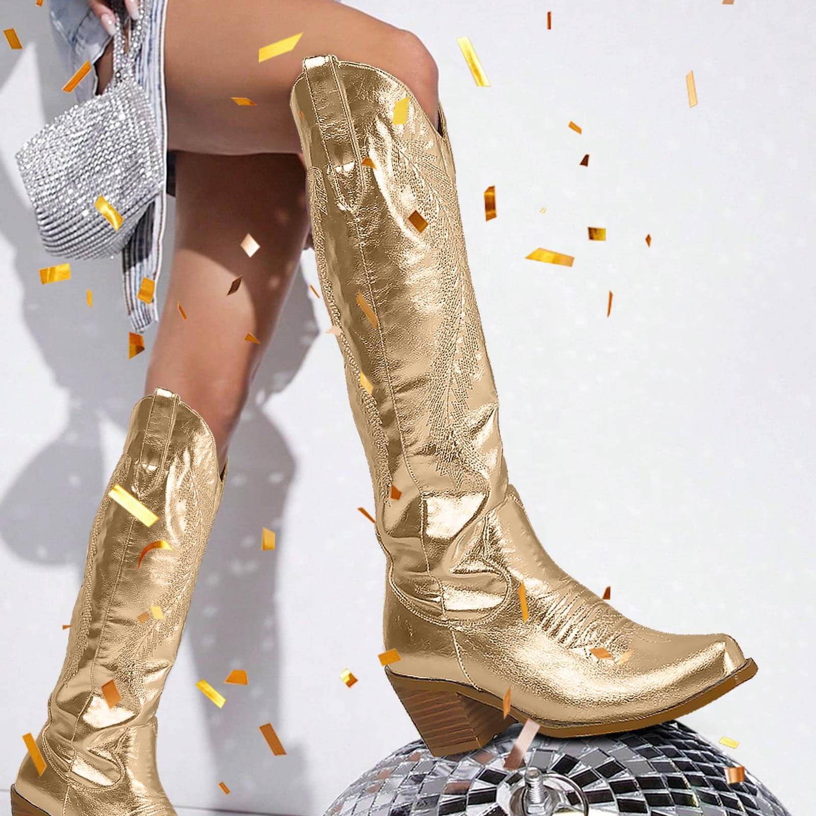 Feather Embroidered Metallic Knee High Cowboy Boots