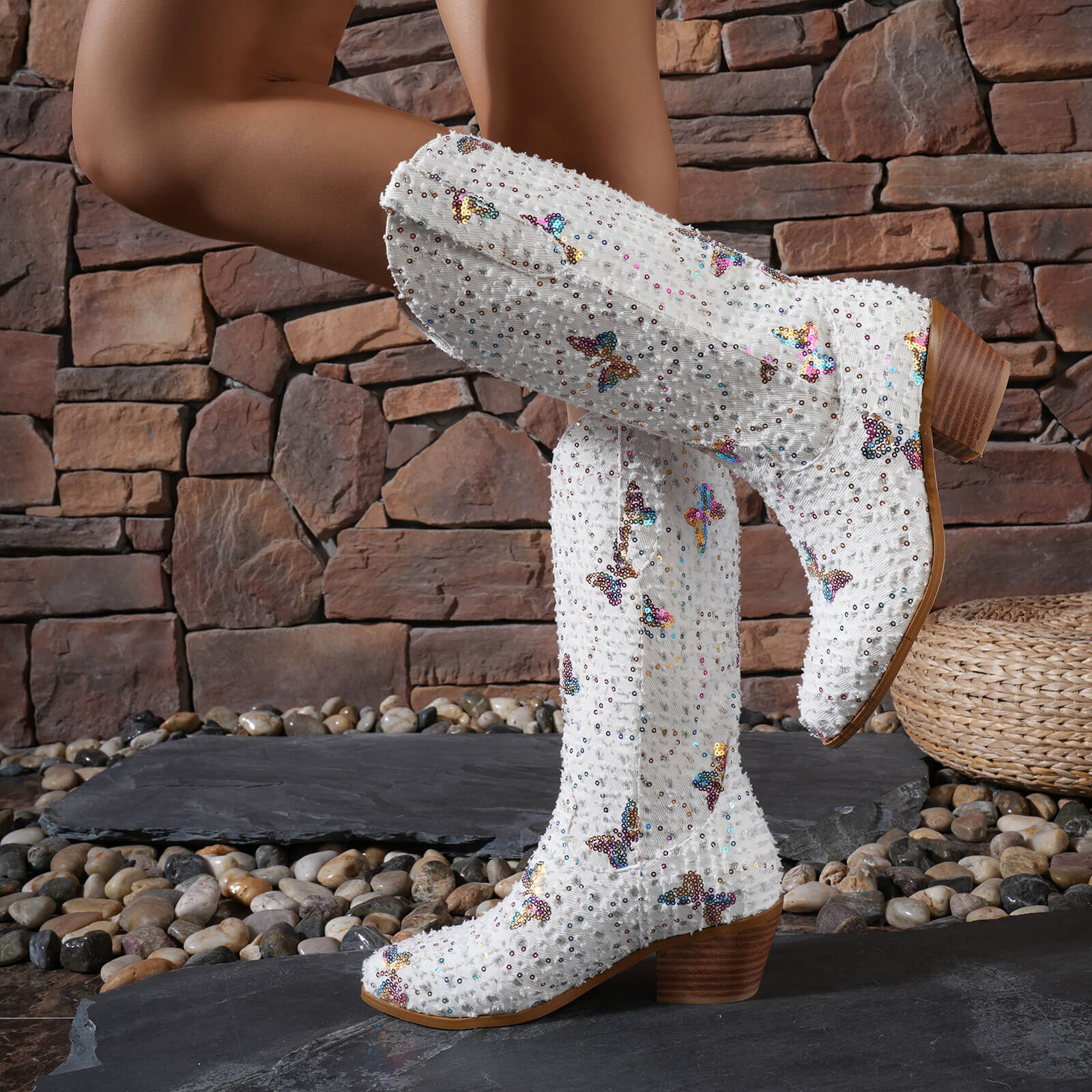 Western Shiny Sequin Denim Cowboy Mid Calf Boots