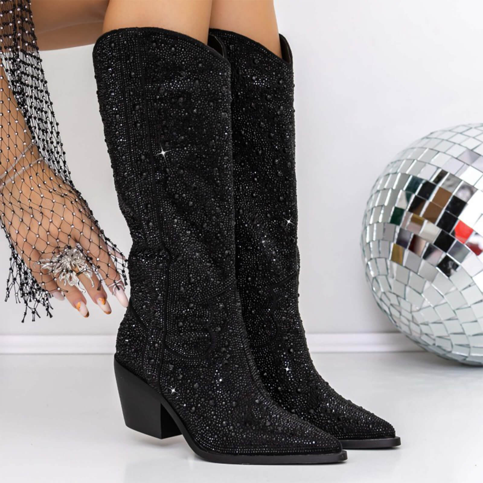 Glitter Rhinestone Knee High Cowboy Boots