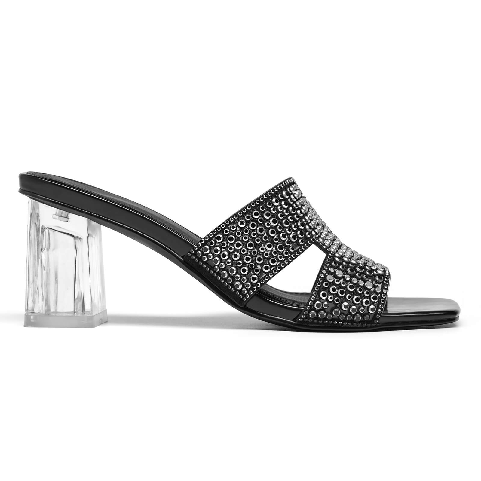 Rhinestones Block Heels Clear Low Heel Chunky Mules Sandals