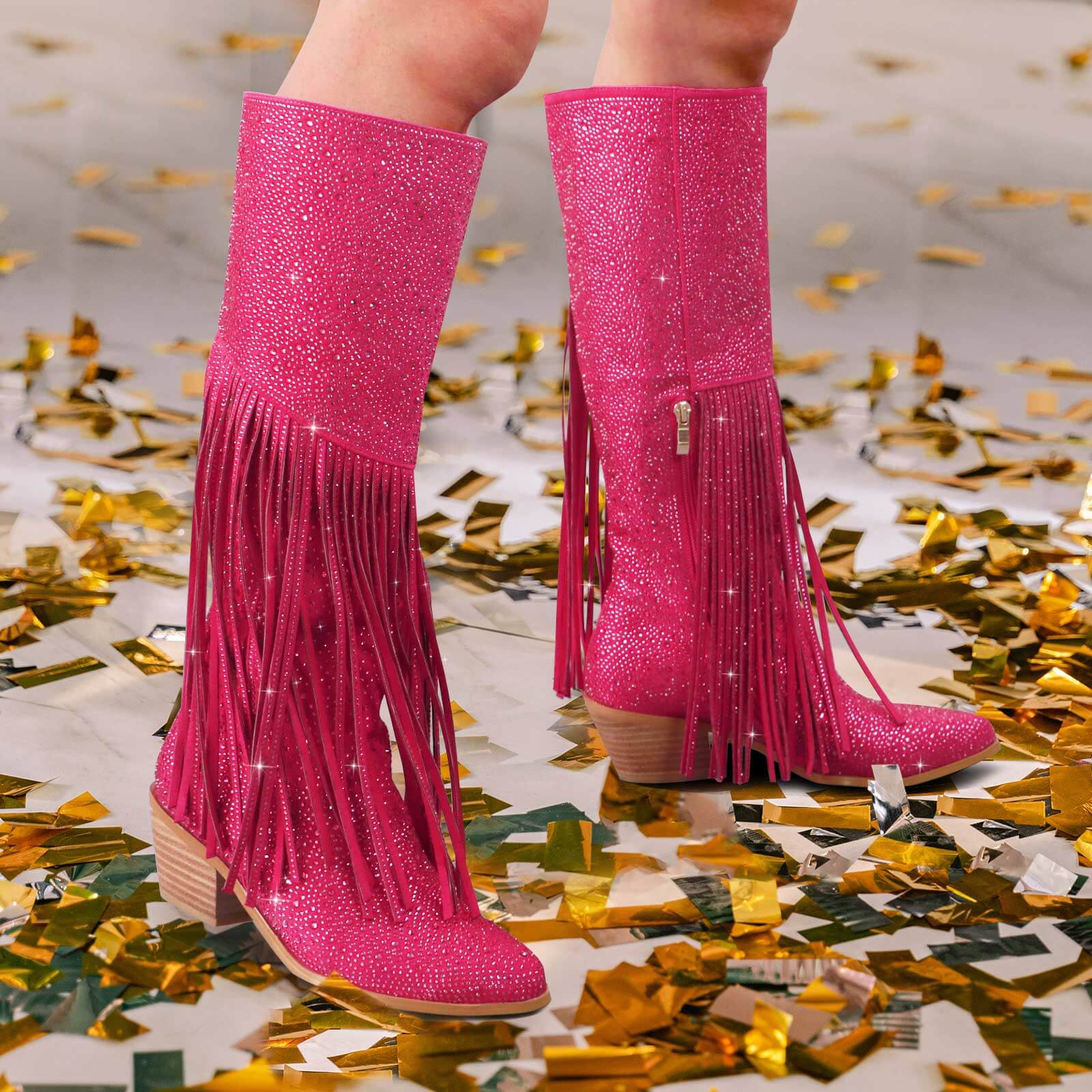 Women's Rhinestone Fringe Knee High Cowboy Boots