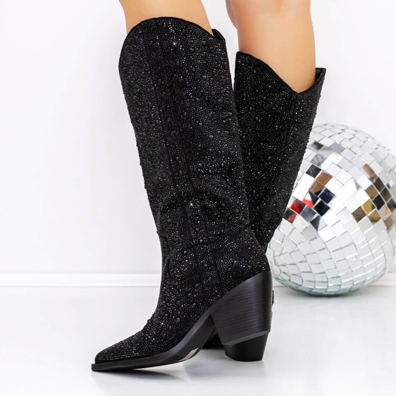 Glitter Rhinestone Knee High Cowboy Boots