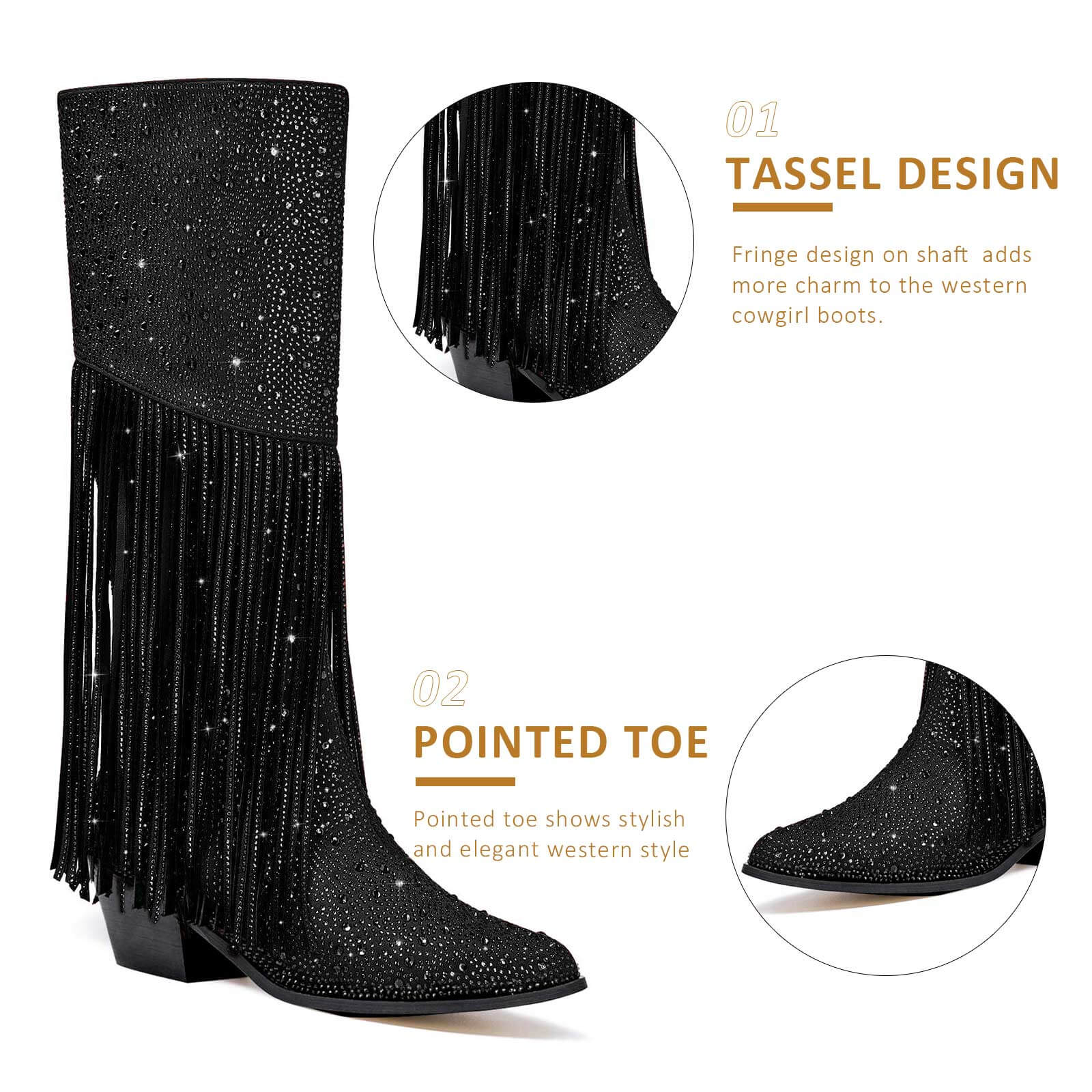 Women's Rhinestone Fringe Knee High Cowboy Boots