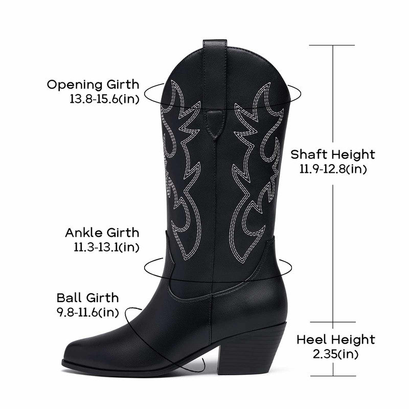 Western Embroidery Mid Calf Cowboy Boots