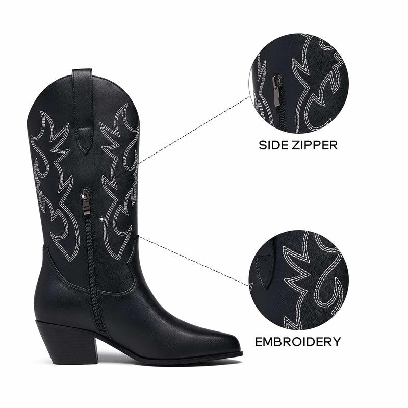 Western Embroidery Mid Calf Cowboy Boots