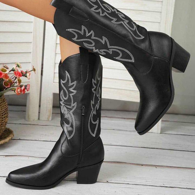 Western Embroidery Mid Calf Cowboy Boots