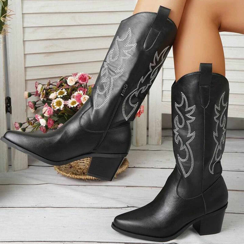 Western Embroidery Mid Calf Cowboy Boots