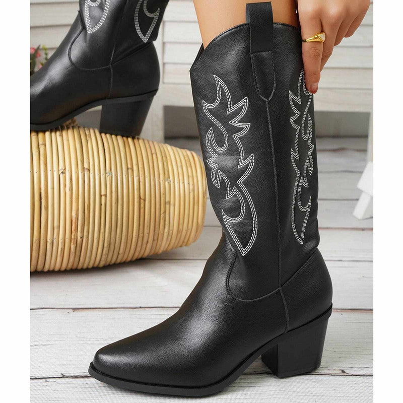 Western Embroidery Mid Calf Cowboy Boots