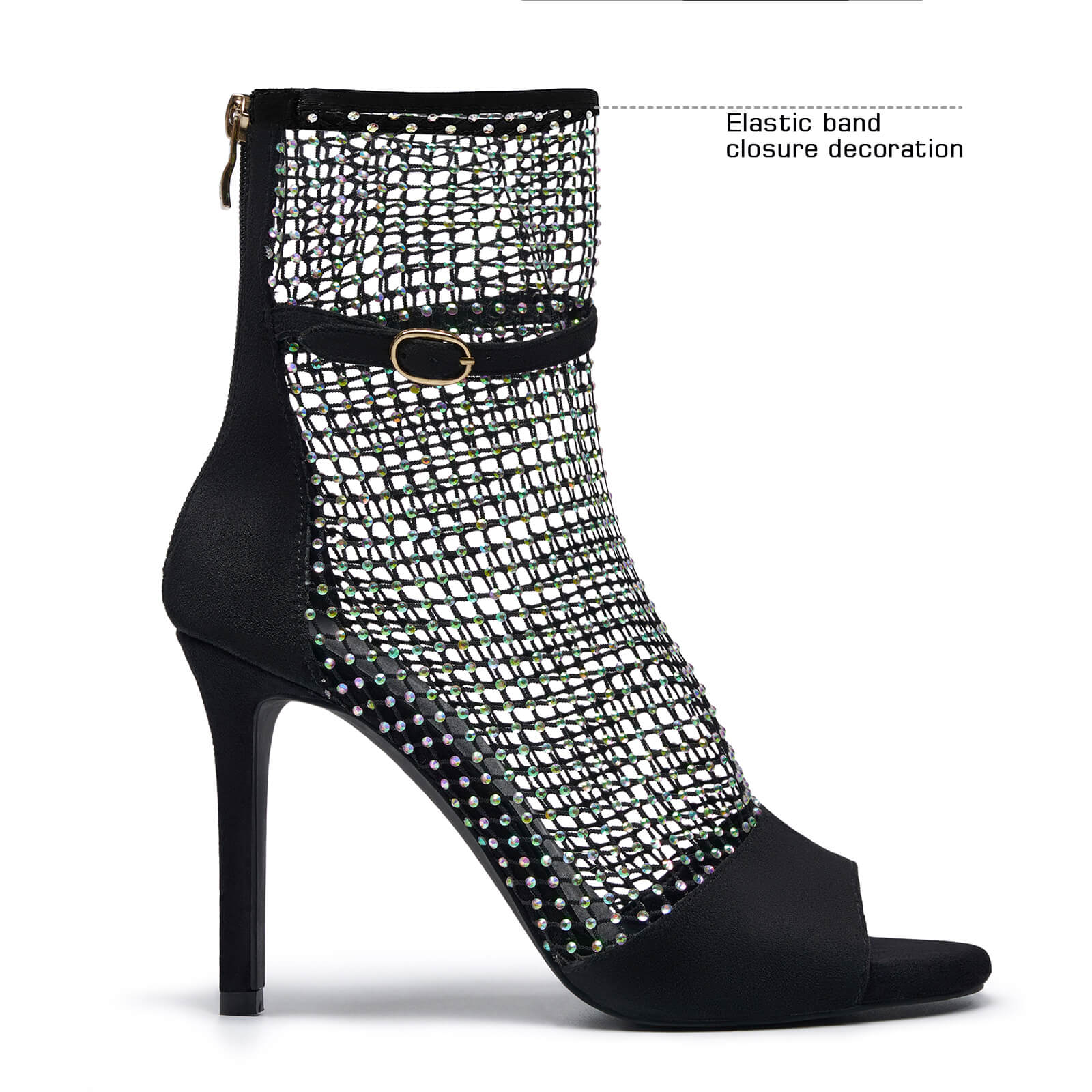 Women's Rhinestone mesh heels net Stiletto High Heels Open toe Crystal Ankle Strap Zip Summer Boots