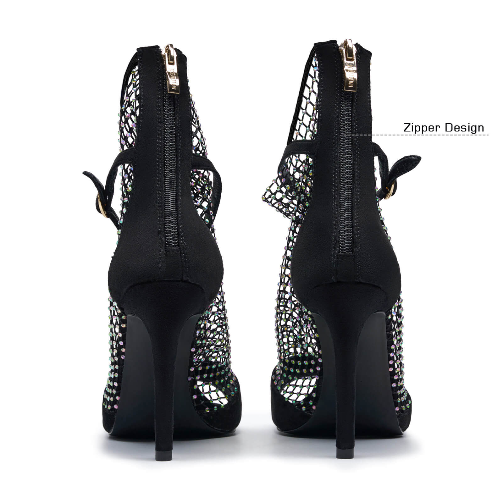 Women's Rhinestone mesh heels net Stiletto High Heels Open toe Crystal Ankle Strap Zip Summer Boots