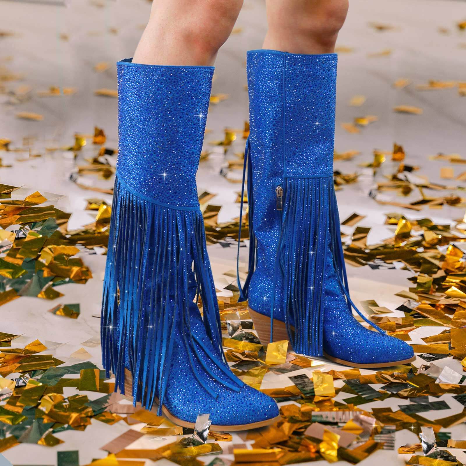 Women's Rhinestone Fringe Knee High Cowboy Boots