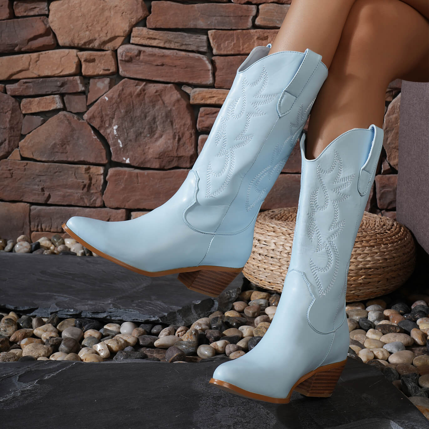 Western Embroidery Mid Calf Cowboy Boots