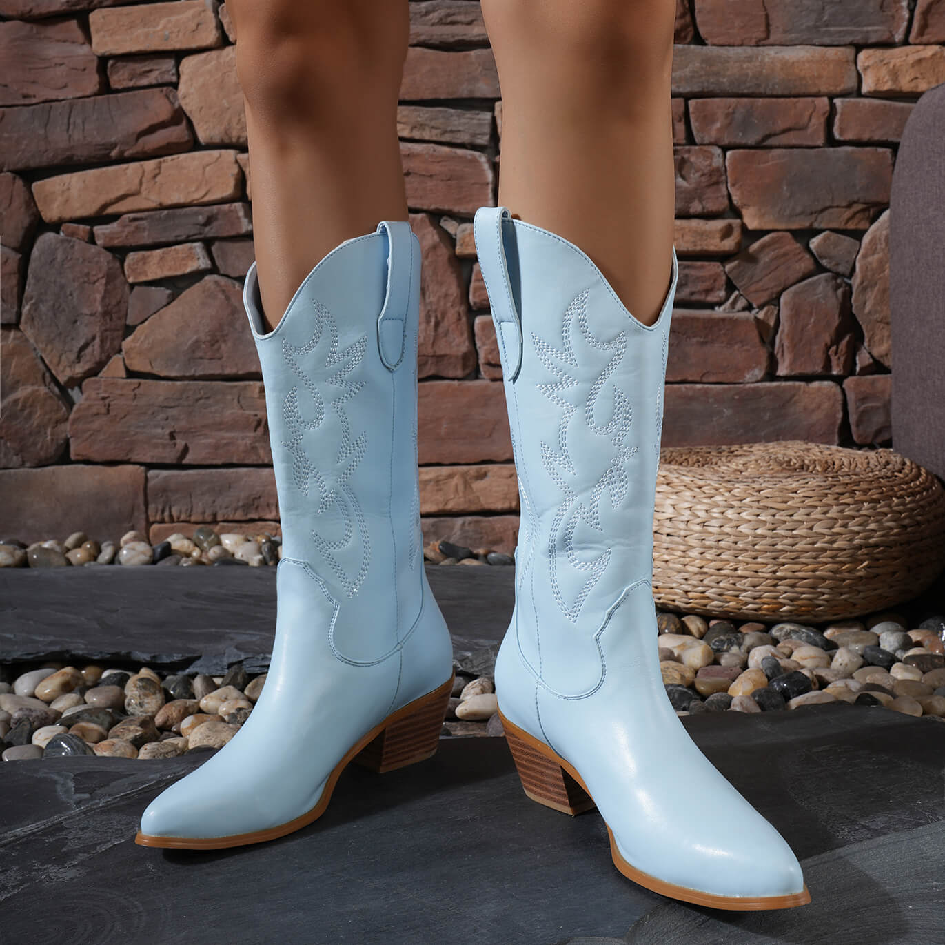 Western Embroidery Mid Calf Cowboy Boots