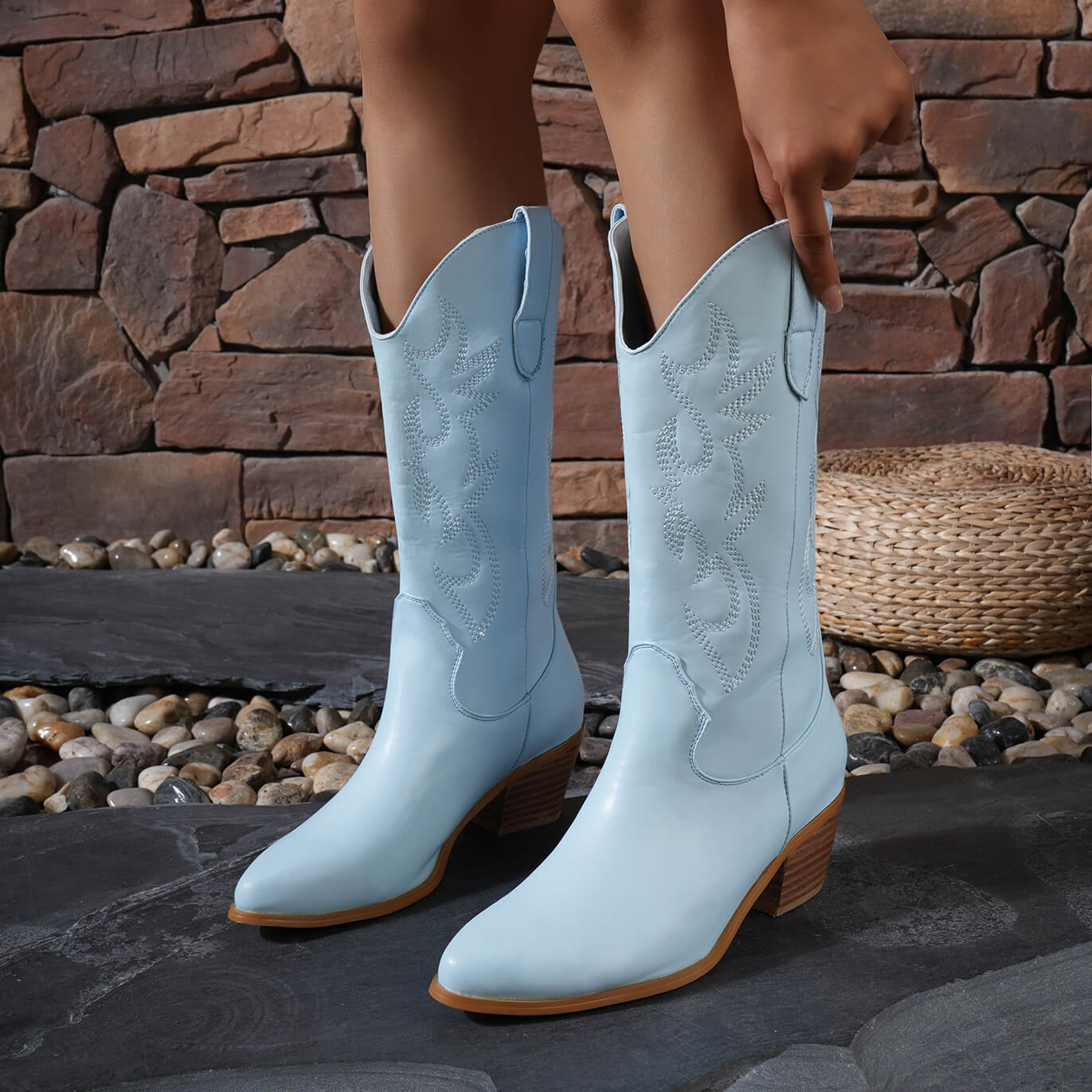 Western Embroidery Mid Calf Cowboy Boots