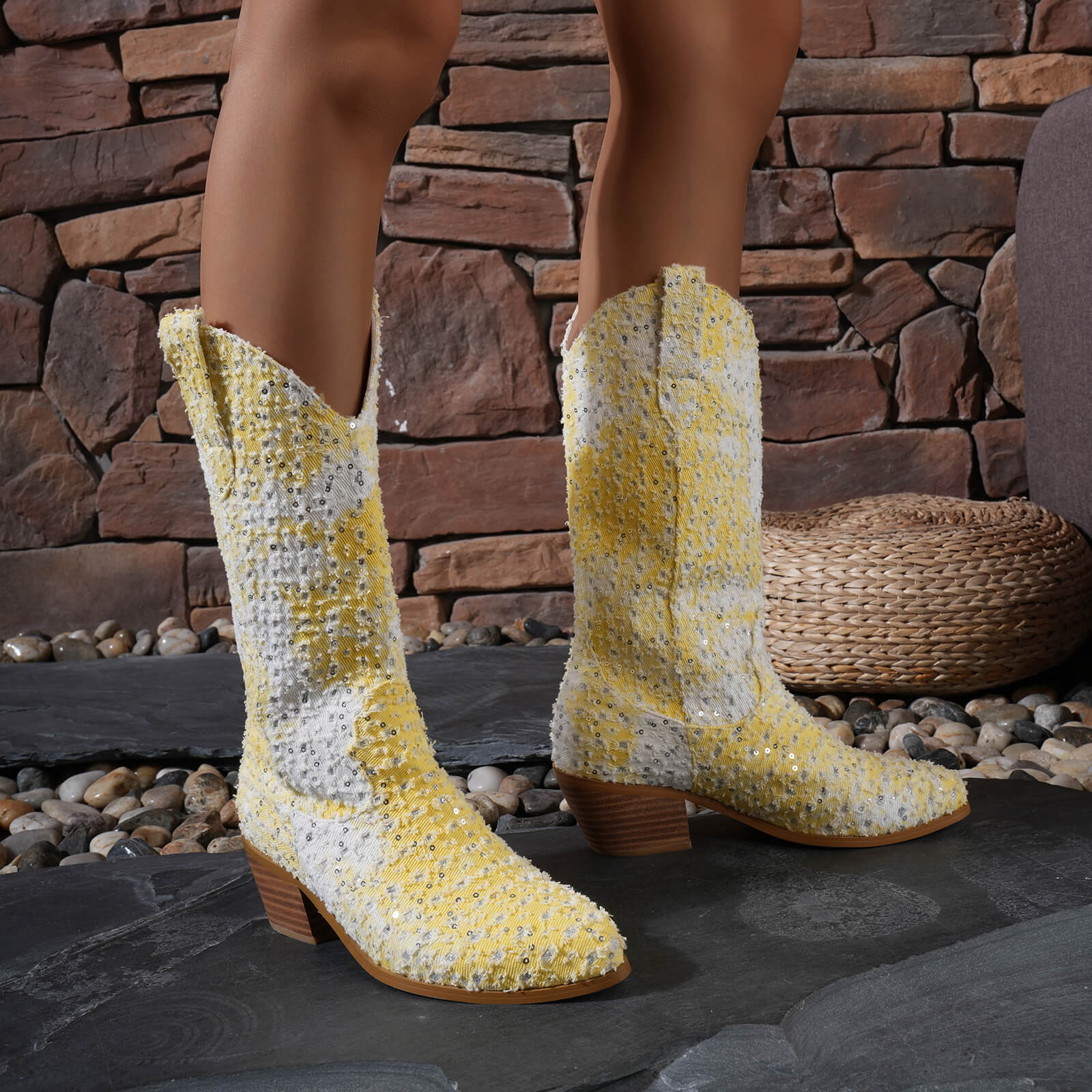 Western Shiny Sequin Denim Cowboy Mid Calf Boots