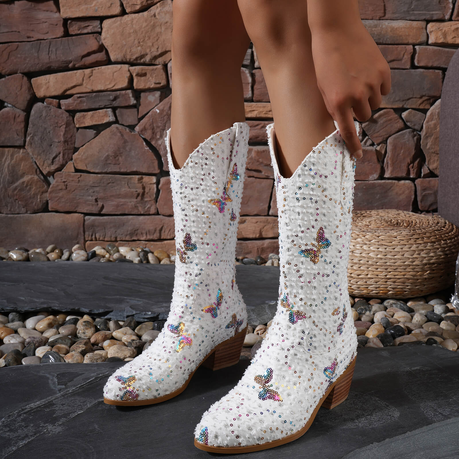 Western Shiny Sequin Denim Cowboy Mid Calf Boots