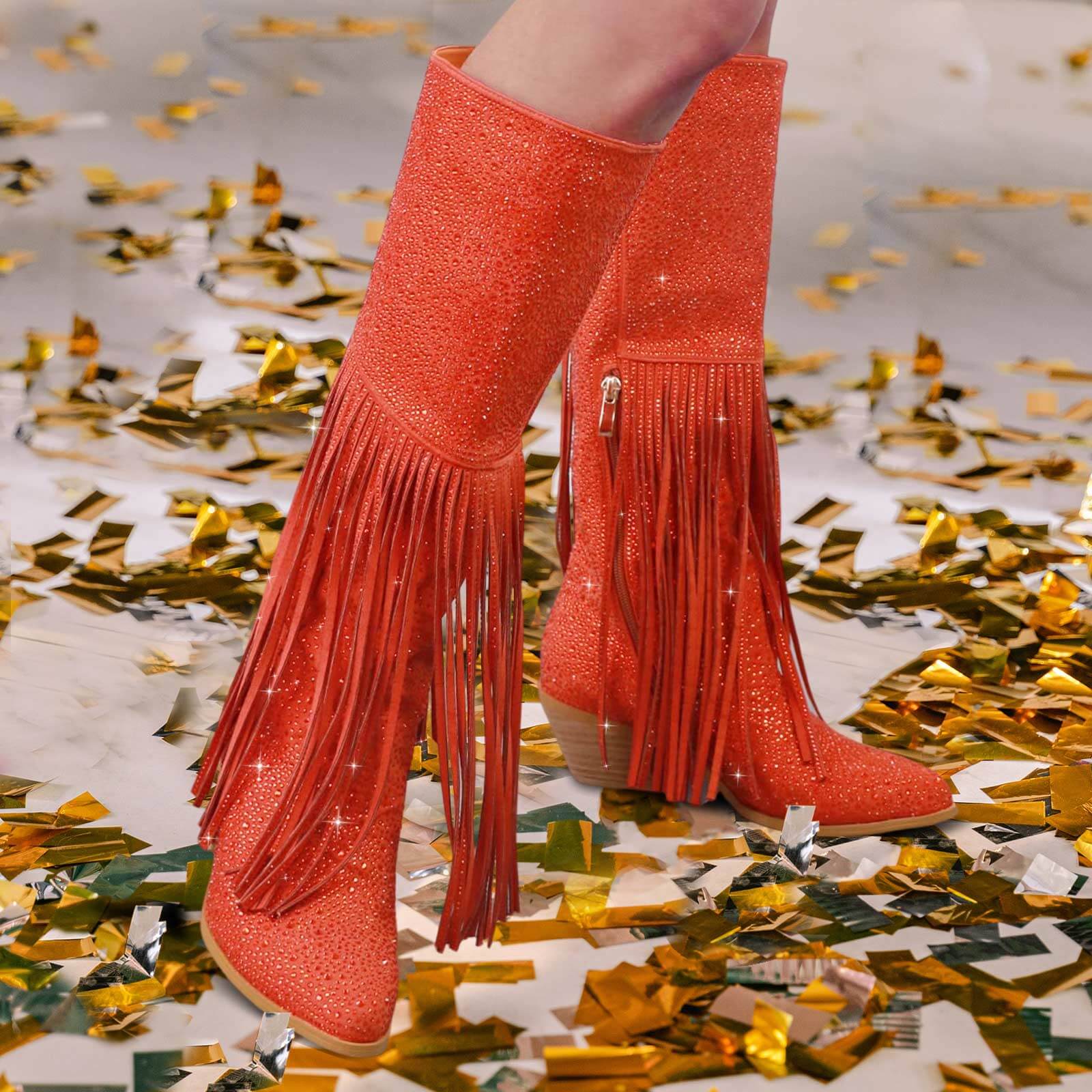 Women's Rhinestone Fringe Knee High Cowboy Boots