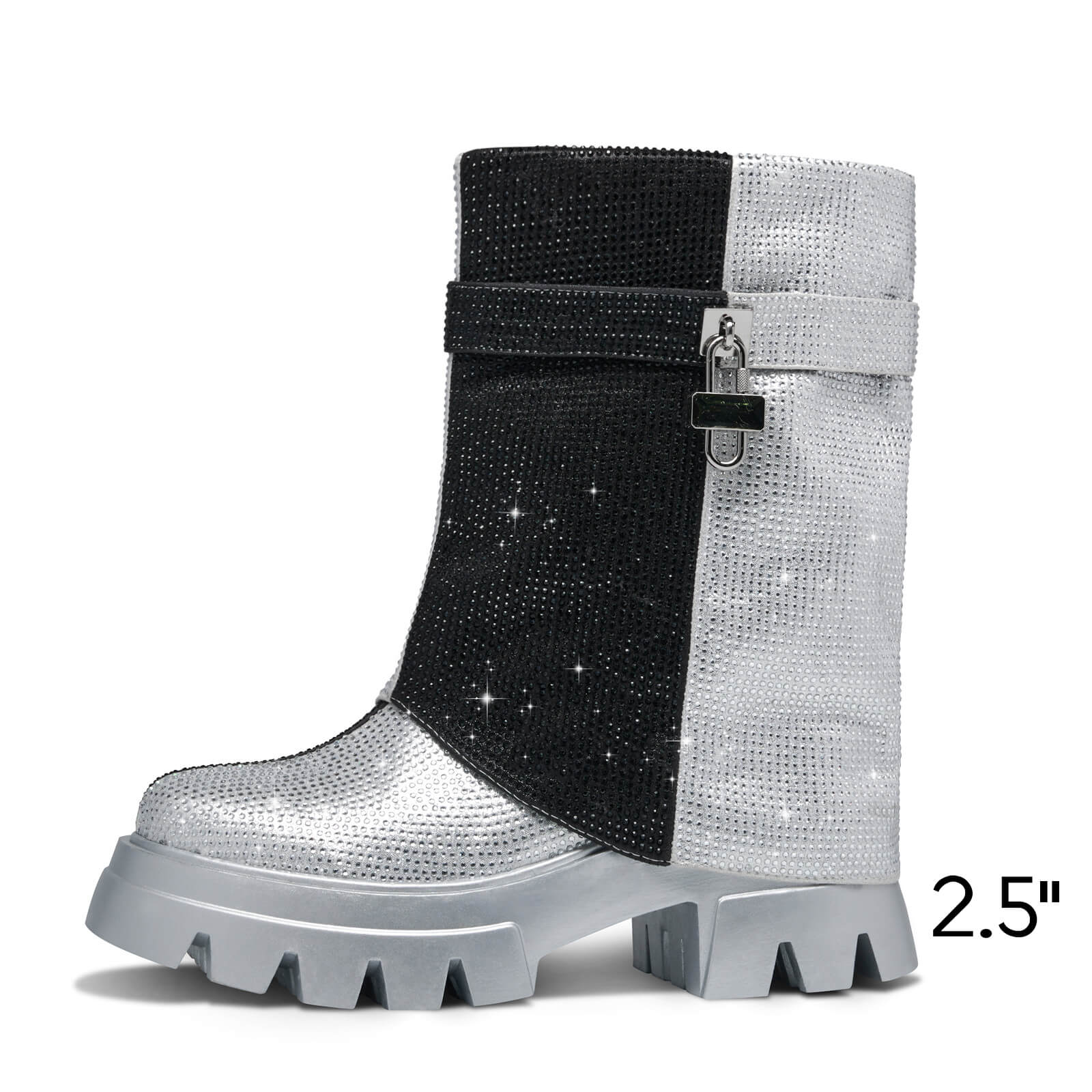 Women's Rhinestone Ankle Boots Round Toe Mid-calf Fold Over Platform Boots