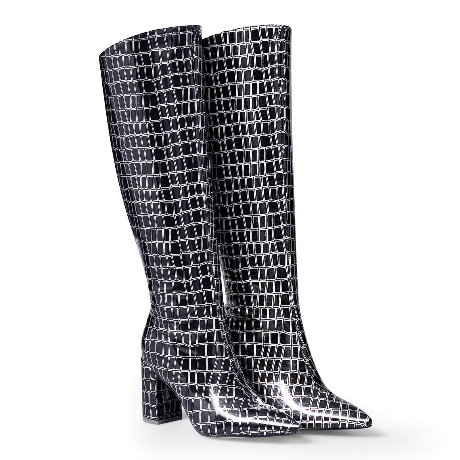 Sexy Alligator-Embossed Pointed Toe Knee High Boots