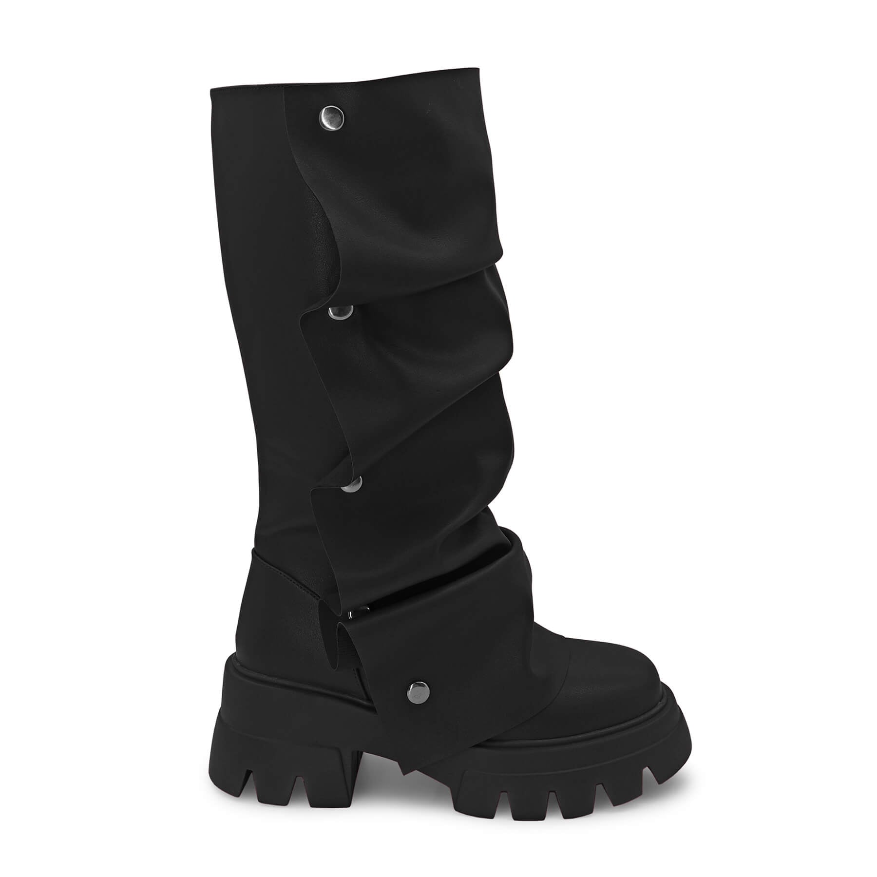 Women's Combat Mid-Calf Chunky Boots Detachable Pull-On Wide Calf  Panel Shark Platform Boots  Round toe Party Dress Boot