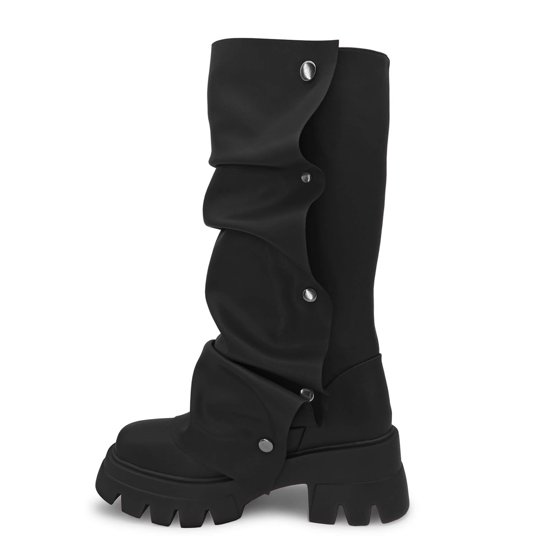 Women's Combat Mid-Calf Chunky Boots Detachable Pull-On Wide Calf  Panel Shark Platform Boots  Round toe Party Dress Boot