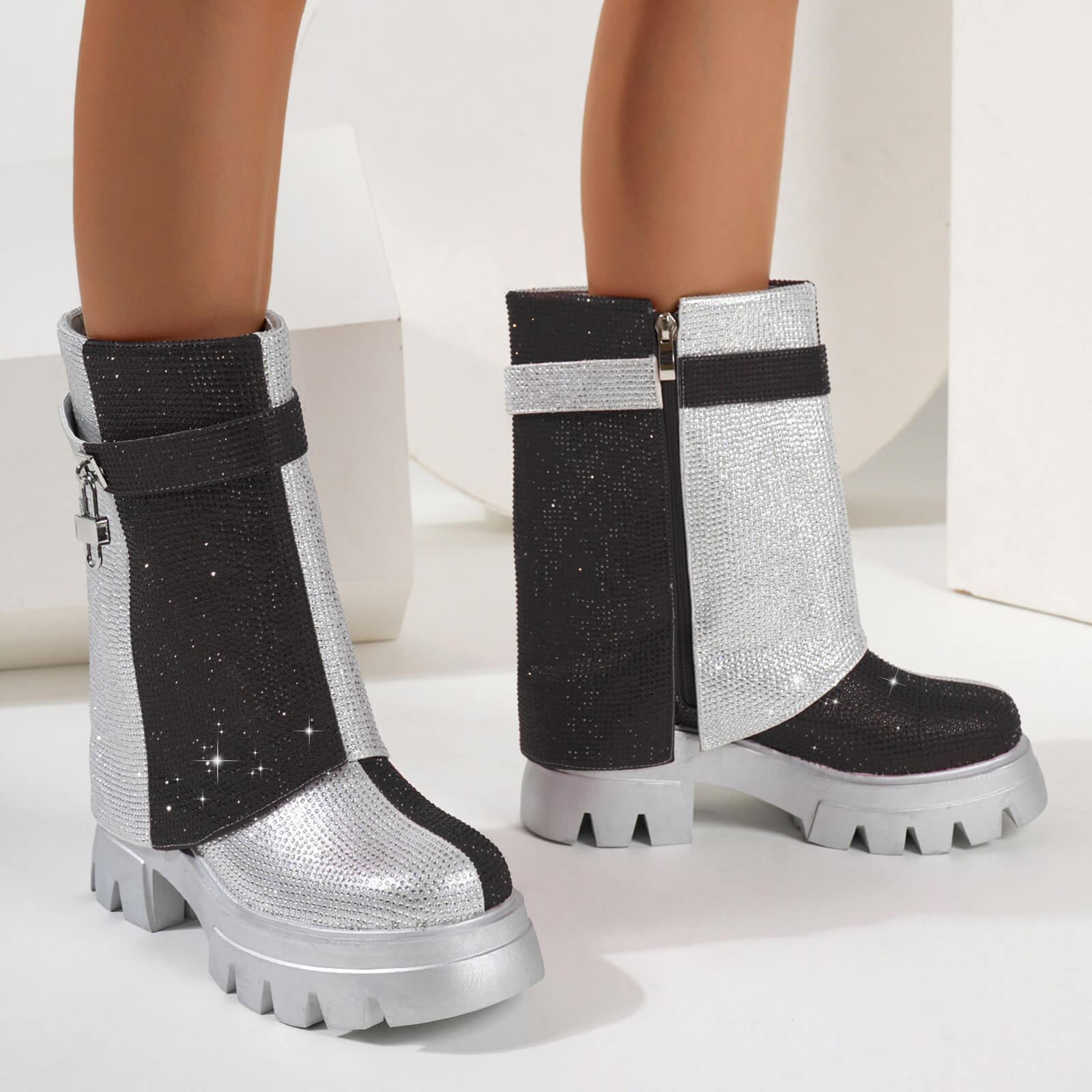 Women's Rhinestone Ankle Boots Round Toe Mid-calf Fold Over Platform Boots