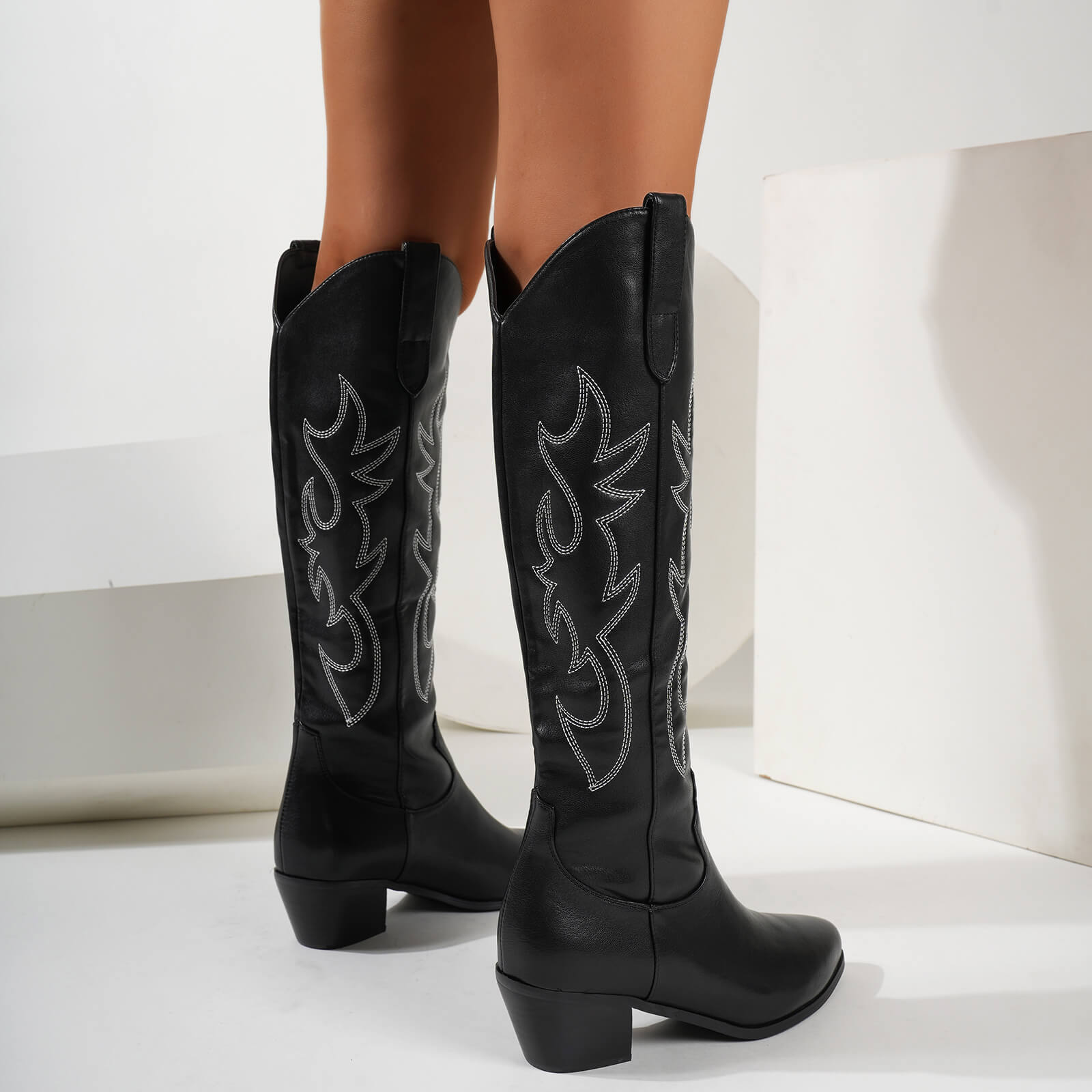 Western Embroidery Pointed Toes Knee High Cowboy Boots