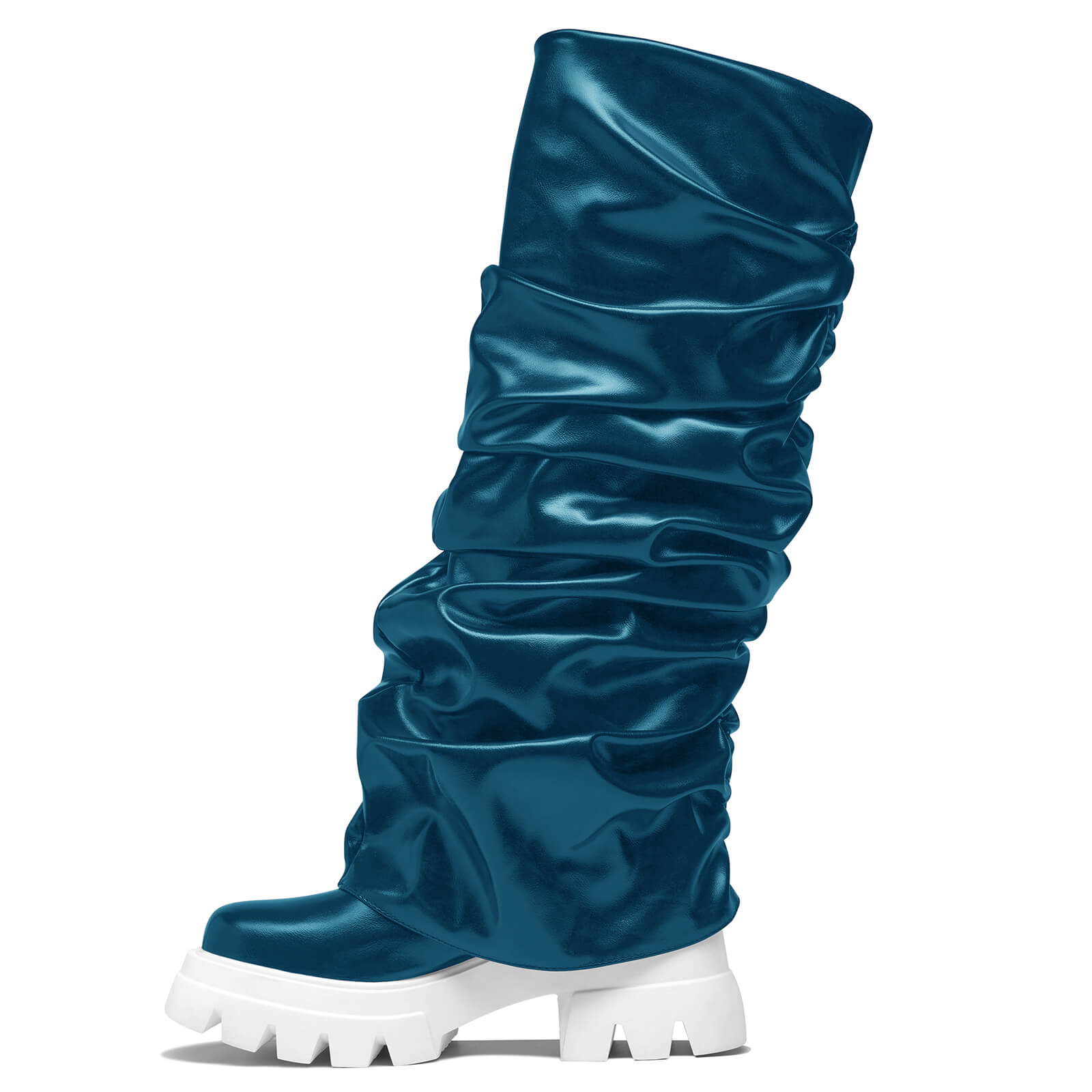 Women's Platform Round Toe Fold Over Boots Metallic Mid Calf Boots