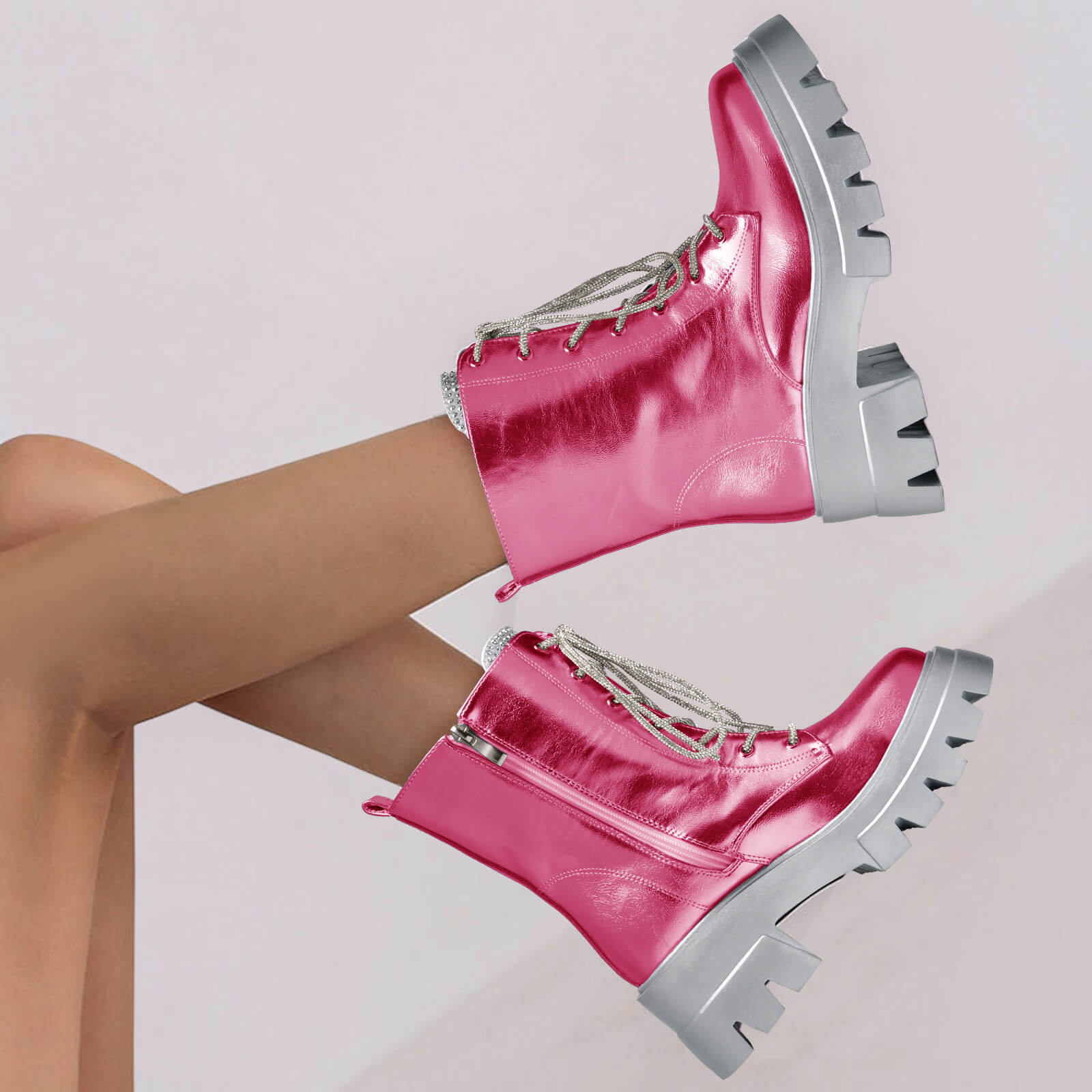 Women's Metallic Round Toe Lace up Boots