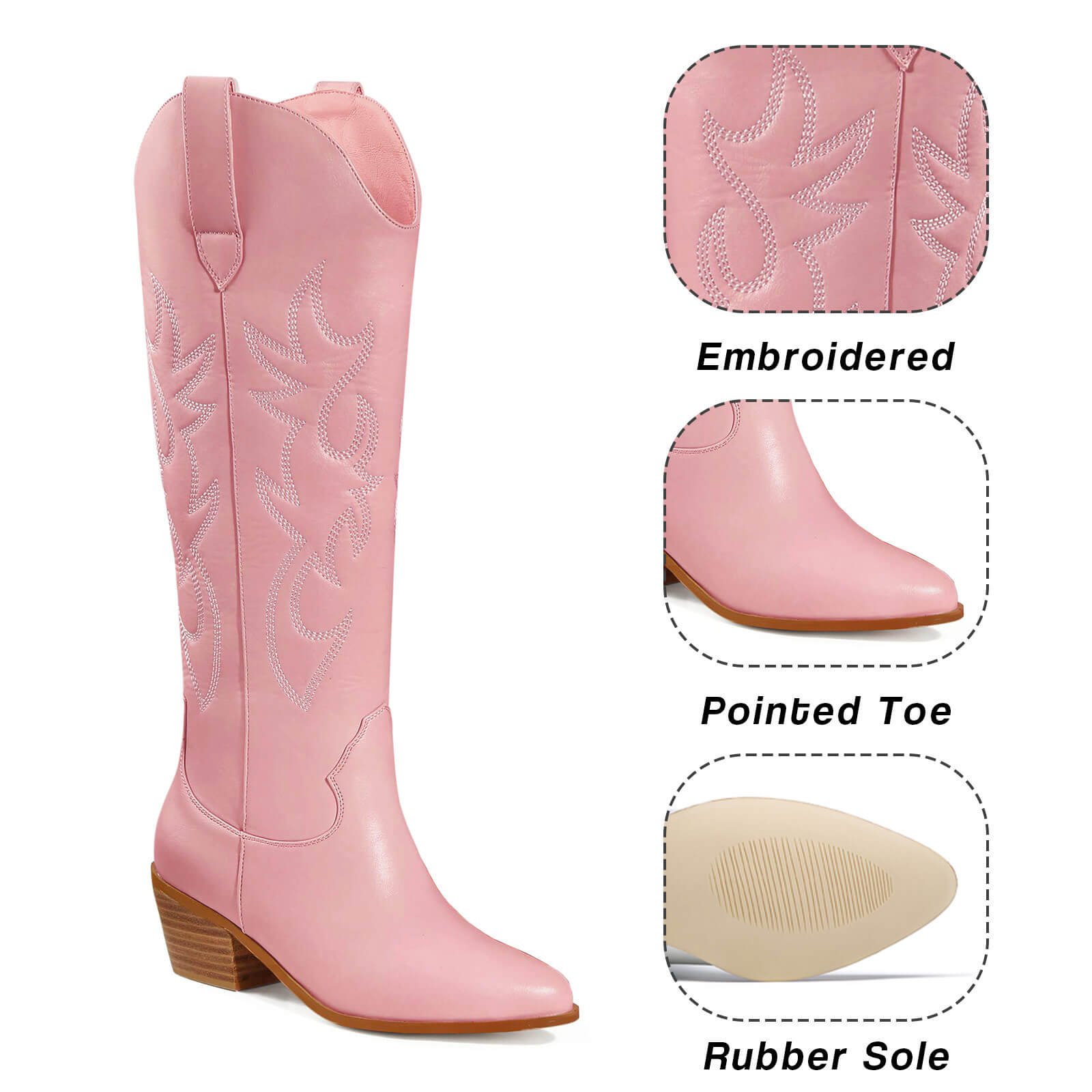 Western Embroidery Pointed Toes Knee High Cowboy Boots